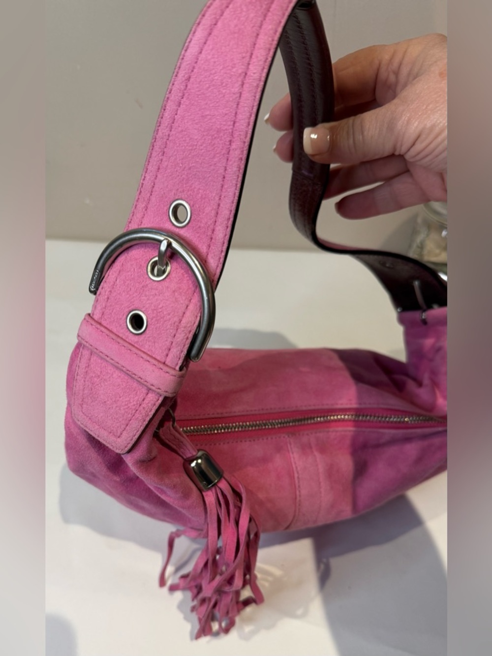 Coach Ltd Ed SoHo Bubblegum Pink Goat Suede Shoulder Bag with Tassel 2004 3671 - Picture 2 of 8